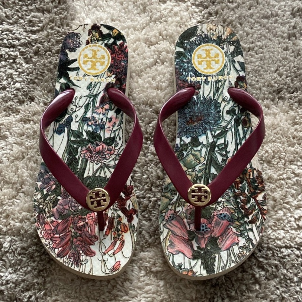 Tory Burch Burgundy Floral Sandals
